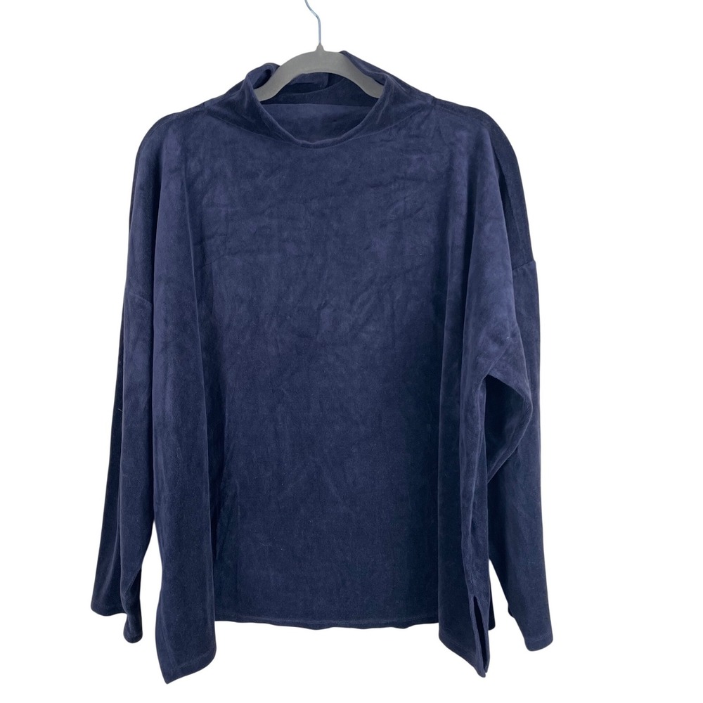 Eileen Fisher Womens 1X Navy Blue Velour Mock Neck Long Sleeve Boxy‎ Top Slits